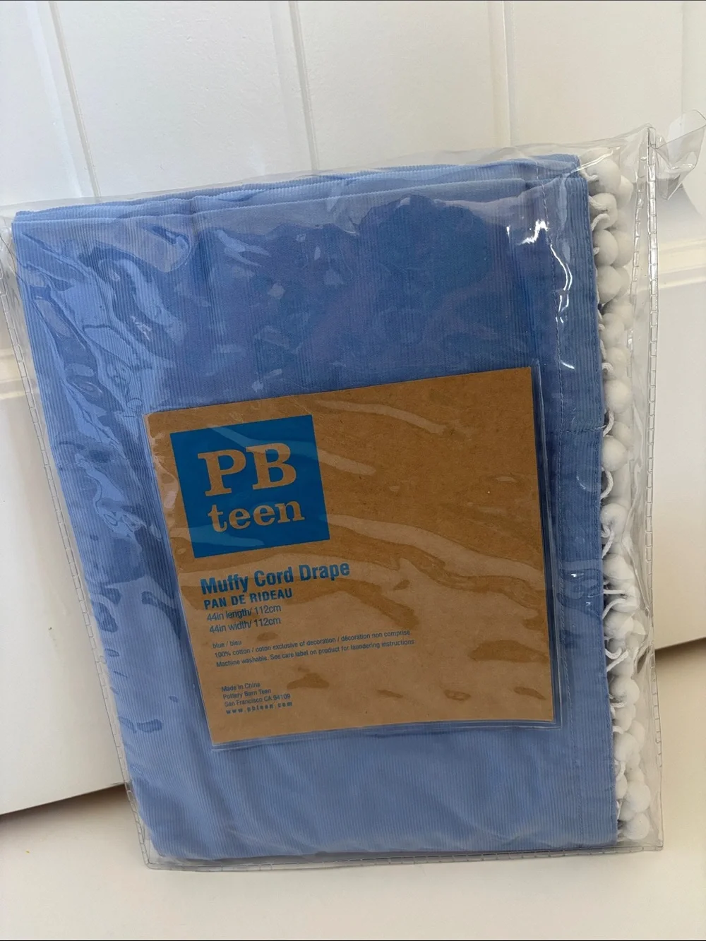 Pottery Barn Teen Muffy Cord Drape 44”x44” Periwinkle Blue Pom Poms w/Tie Back